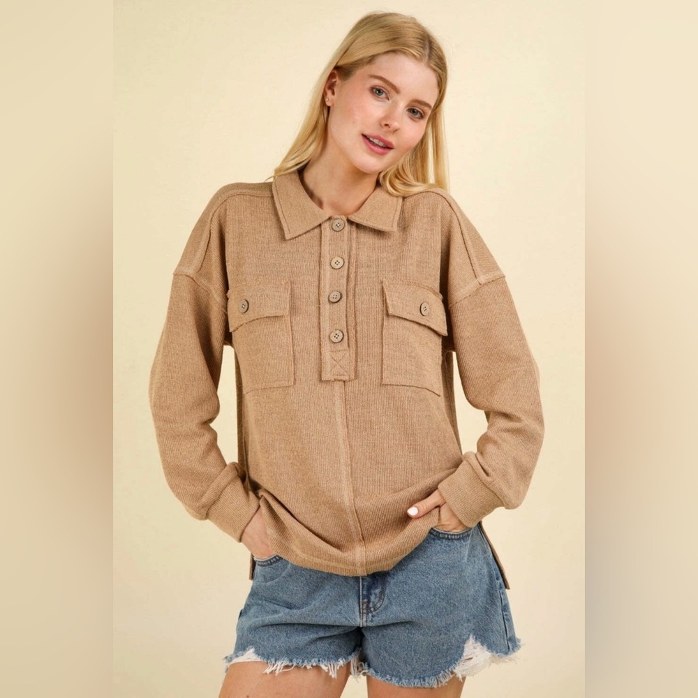 NewIn Collared Half Button Knit Top with Pockets